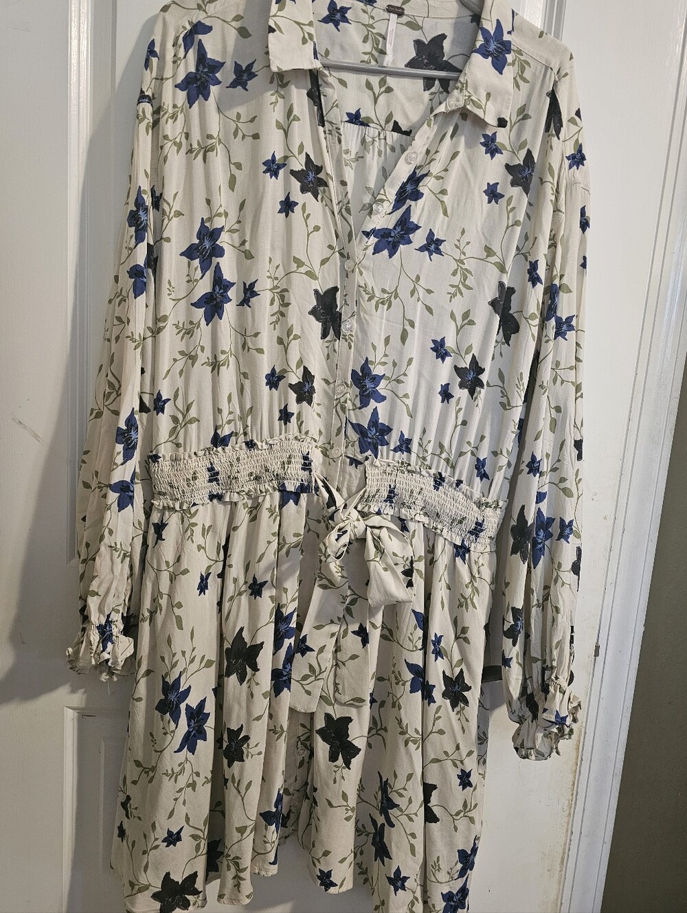 Free People Cream Long-Sleeve Floral Tie-Waist Dress with Blue Print